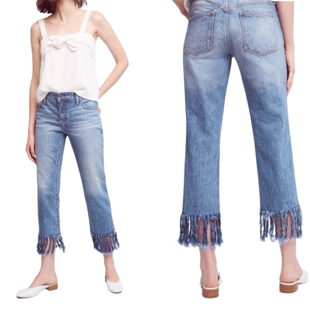 Anthropologie Pilcro Hyphen Fringe Crop Jeans Women’s 27 Medium Wash Raw Hem